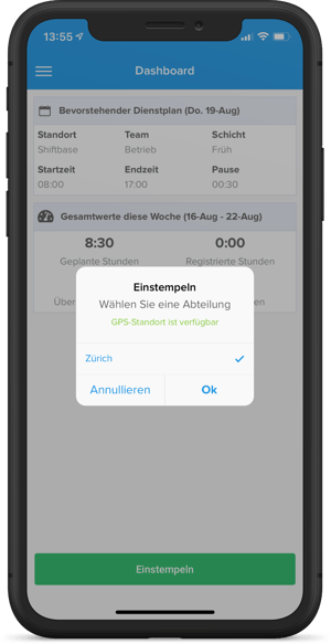 Mit der mobilen App einstempeln