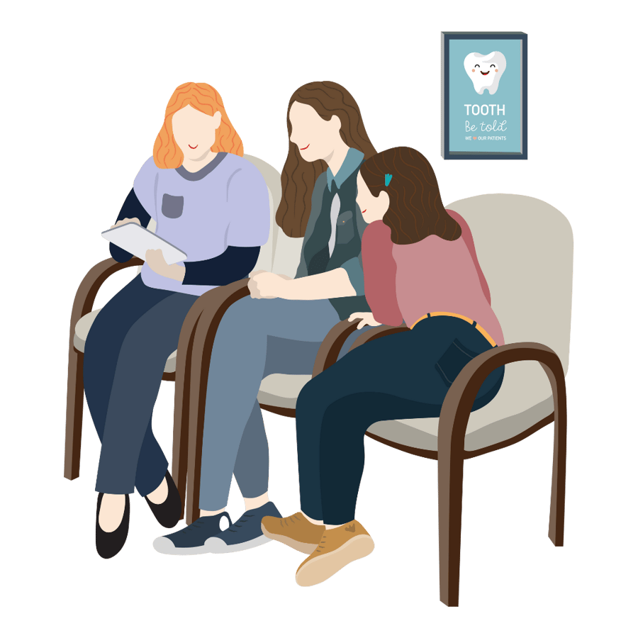 A dental practice reception team member talking to dental patients about their data in Clinipad in the EXACT dental software.