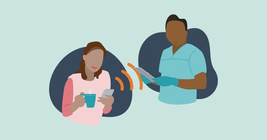 An illustration of a patient holding a phone and a dentist holding a tablet, sending updates to the practice
