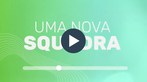 Vídeo de lançamento da nova marca Squadra Digital. Quadro com botão de play no centro do vídeo e com a frase Uma nova Squadra.