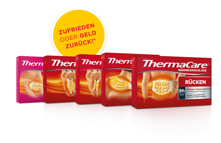 ThermaCare® Packungen mit 2 oder 3 Wärmeauflagen - GRATIS TESTEN dank GELD-ZURÜCK-AKTIONn Auf rotem Untergrund fuenf verschiedene ThermaCare® Waermepflaster und Umschlaege in Reihe platziert