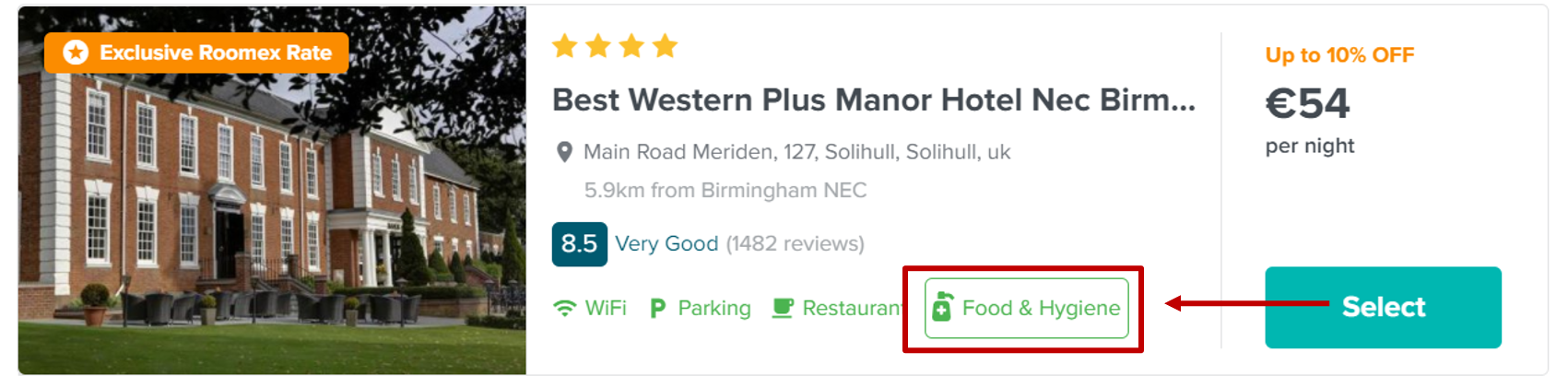 Screengrab from Roomex hotel booking platform showing hotel features