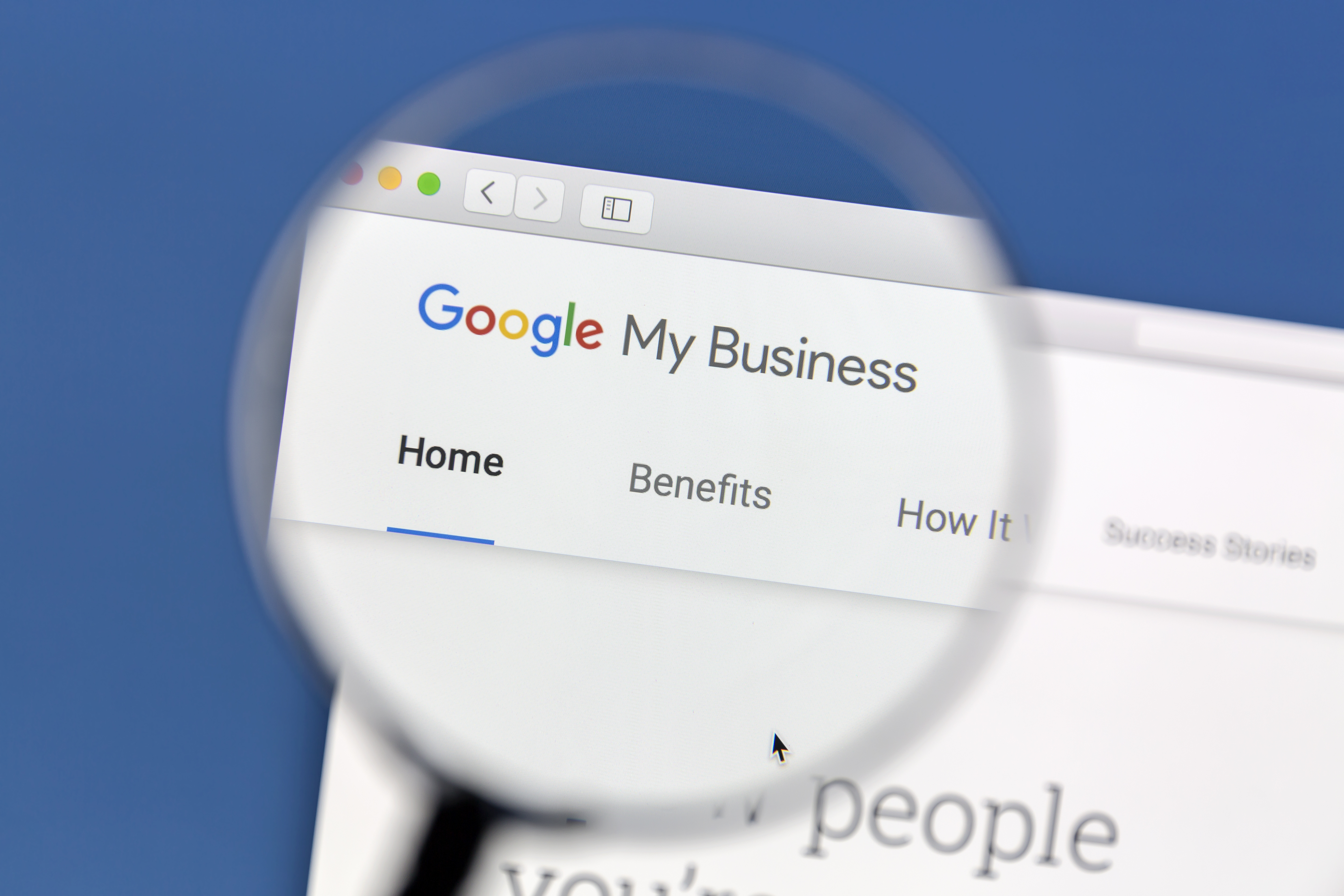 Closeup of Google My Business website under a magnifying glass