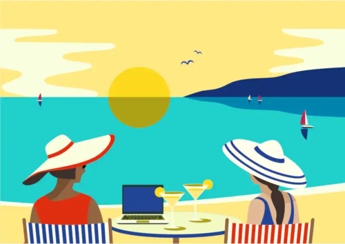 Animation of 2 woman in a beach front with a Laptop