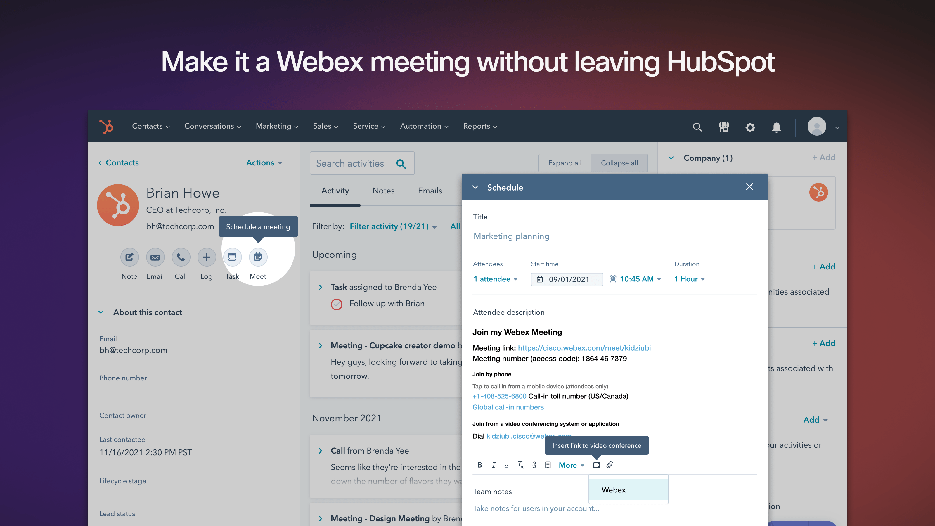 Add a Webex meeting link to your HubSpot meetings
