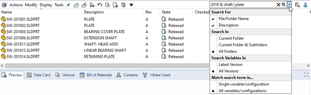 A screenshot image of SOLIDWORKS PDM Quick Search - TPM