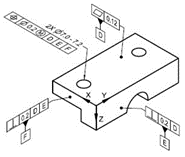 A graphic of a 3D part with callouts - Geometric Dimensioning and Tolerancing