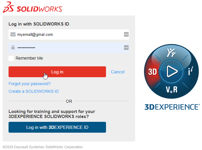Login screen for the MySolidWorks platform