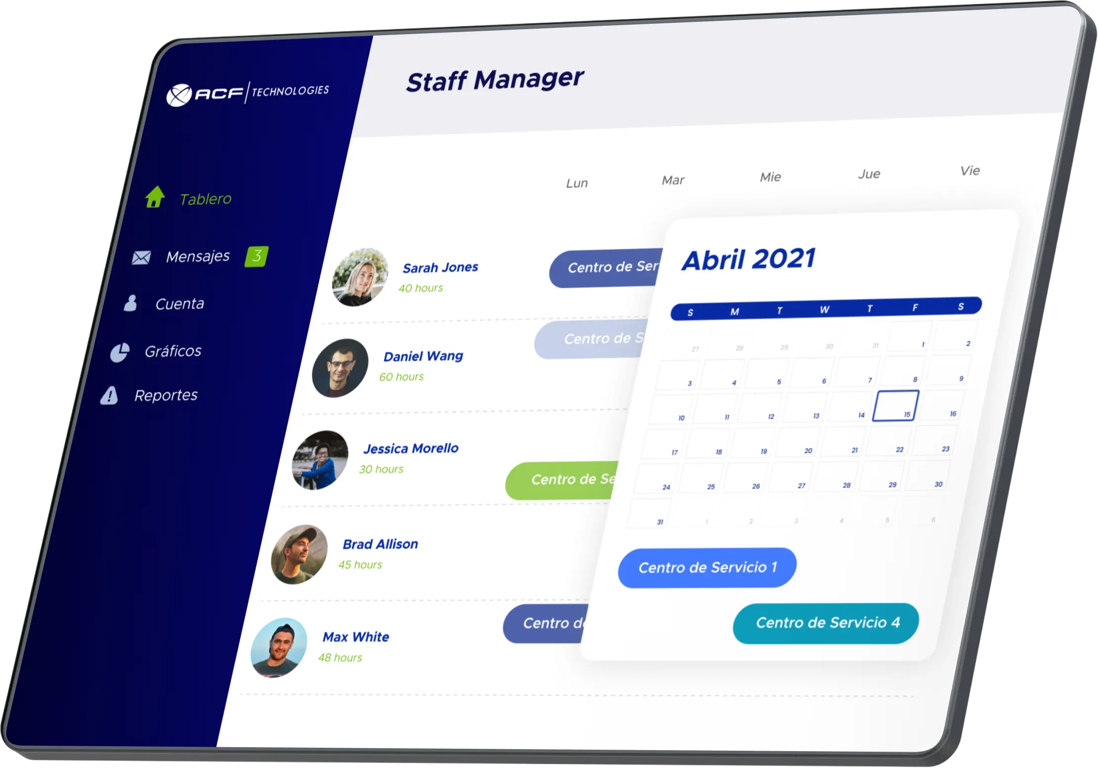 Pantalla mostrando la solución de ACF Technologies de Staff Management