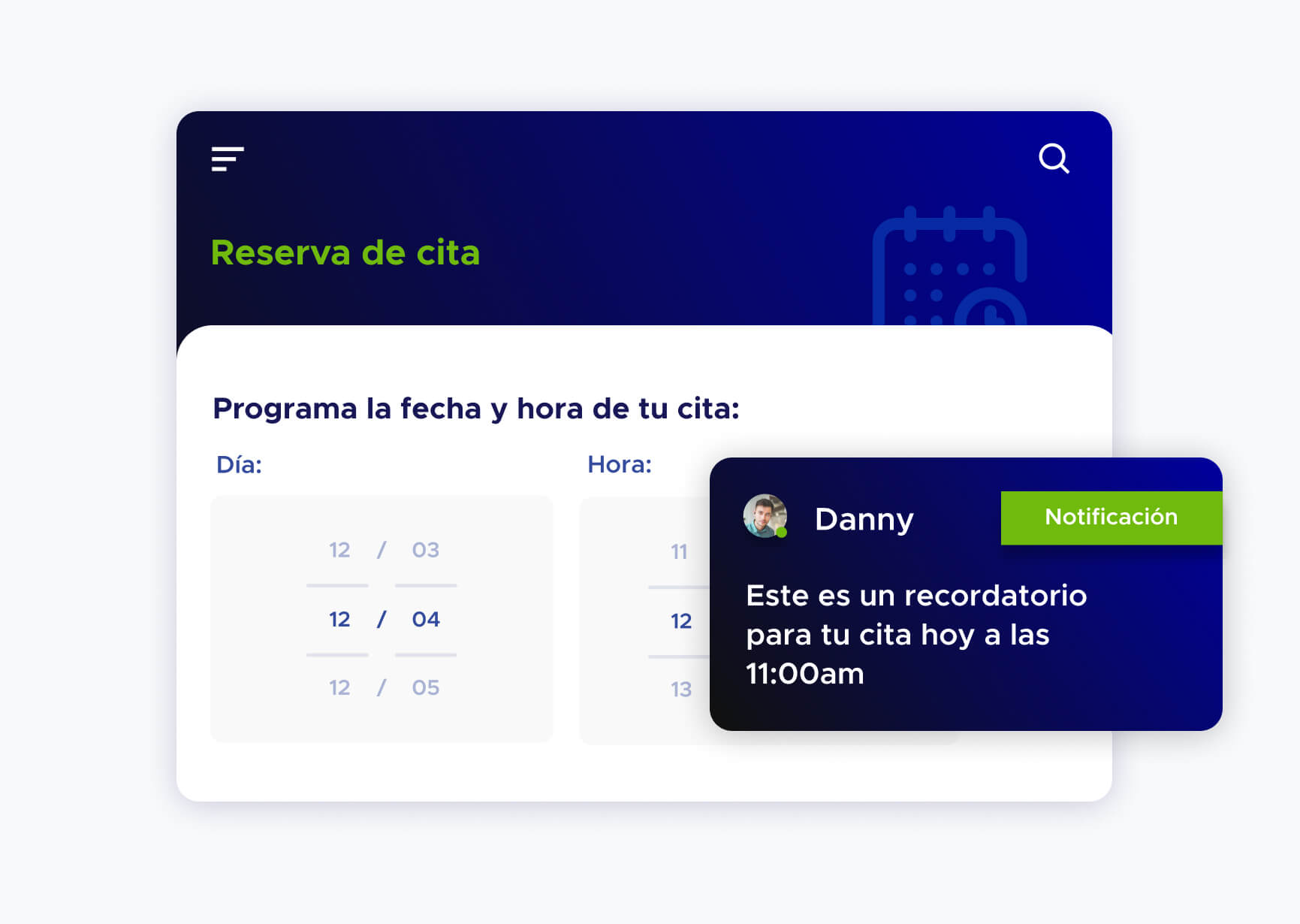 Simulación de reserva de cita y notificación de una reserva de cita para el día de hoy para Danny