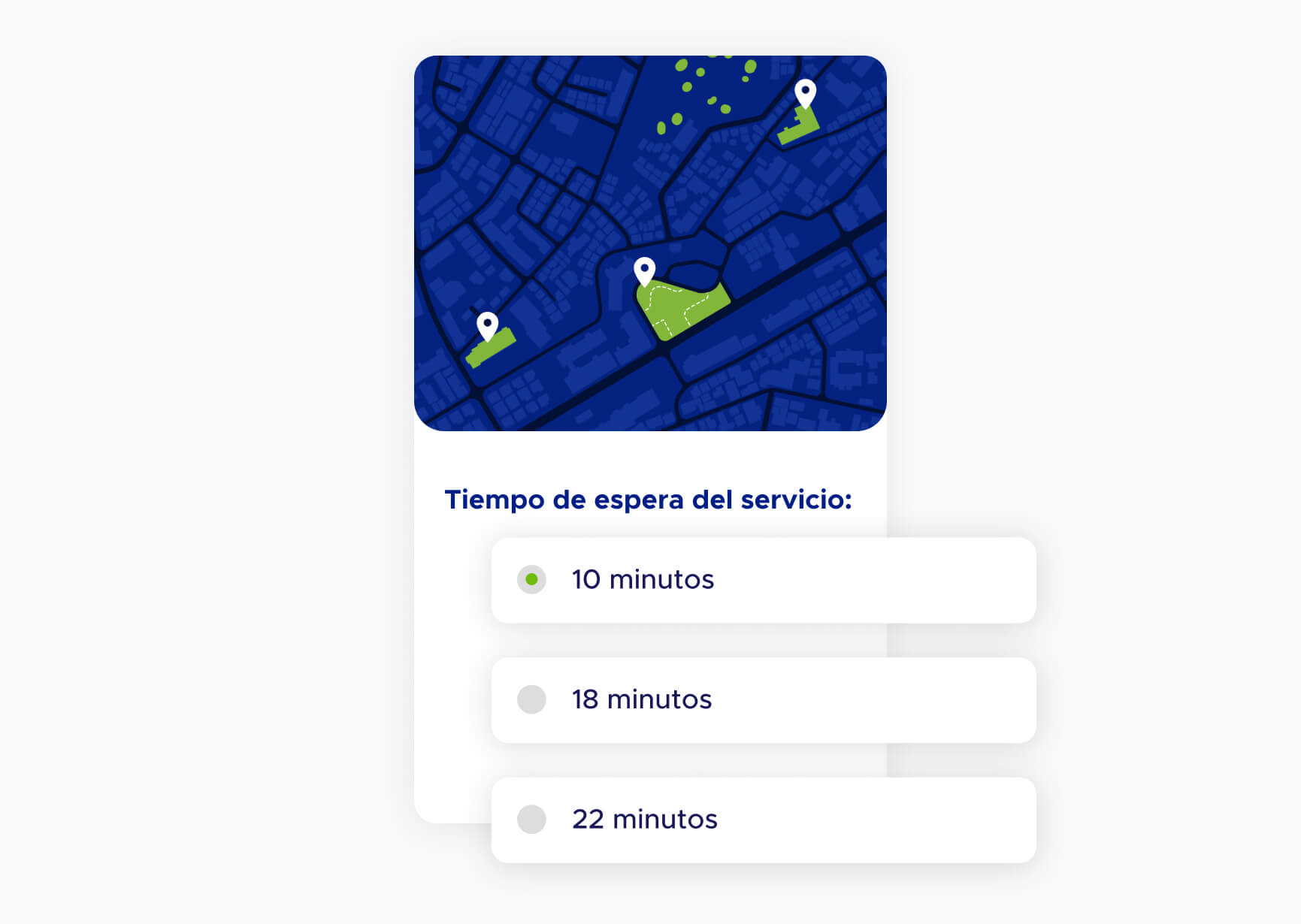 Pantalla de ticket virtual con tiempos de atención de lugares cercanos
