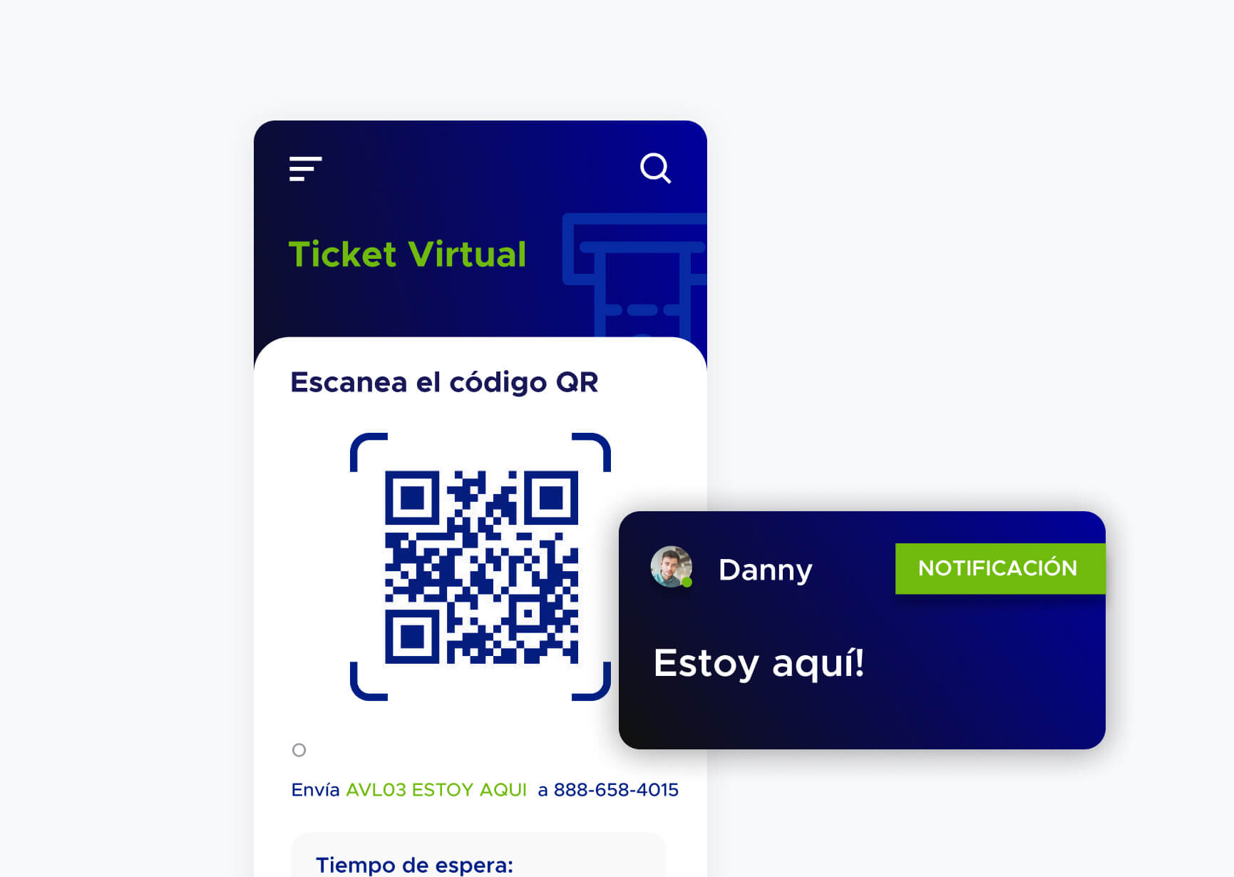 Pantalla de aplicación de ACF Technologies con un ticket virtual con un código QR y una notificación para el usuario