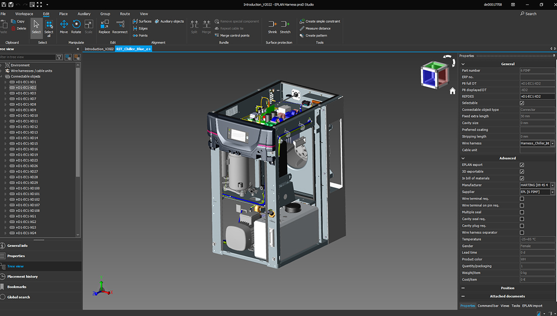 Screenshot Eplan Harness proD 2022 mit 3D-Aufbau von Rittal Chiller.