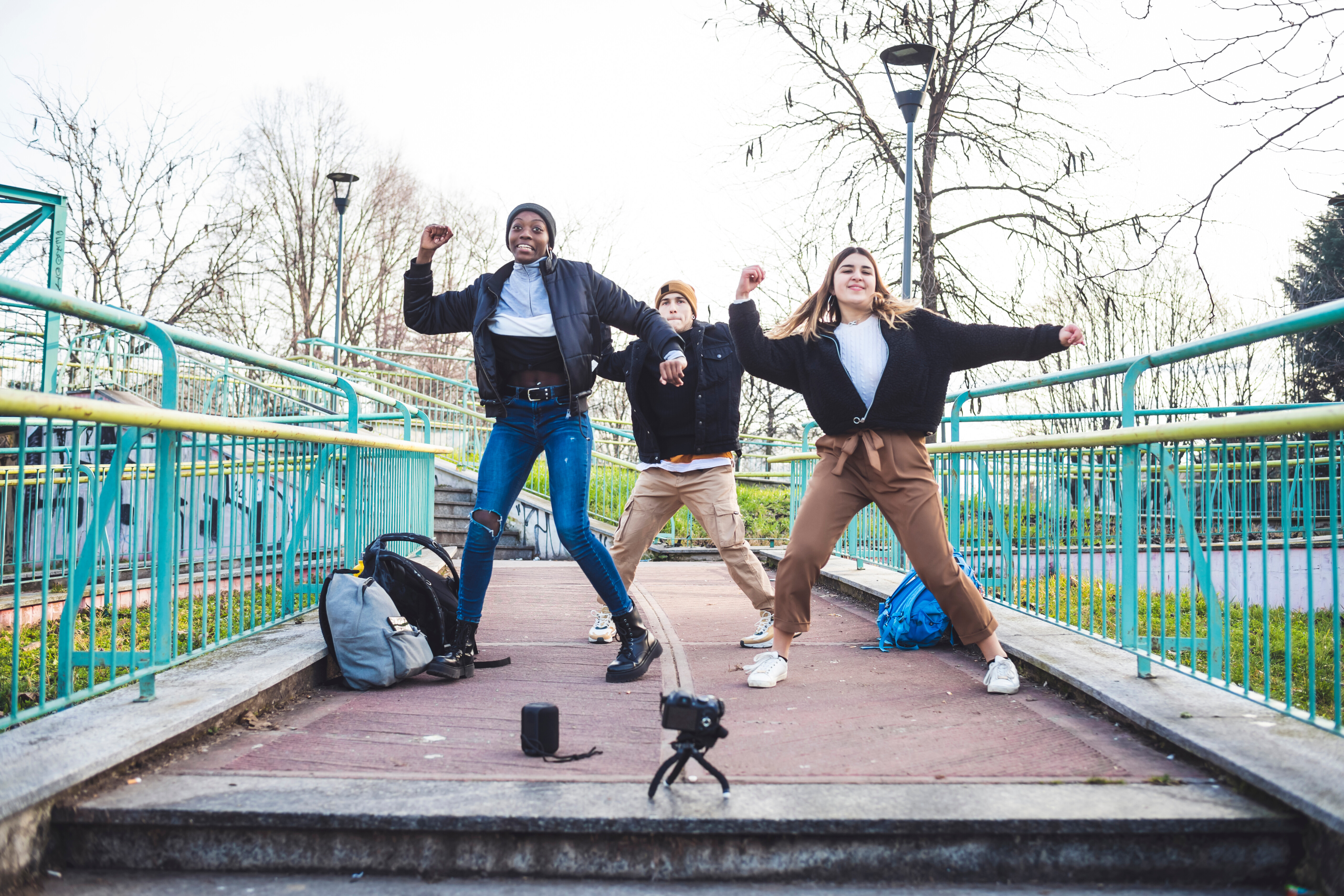 Young dancers rehearsing in a skate park, making a video. SuperStock 1815-16013323