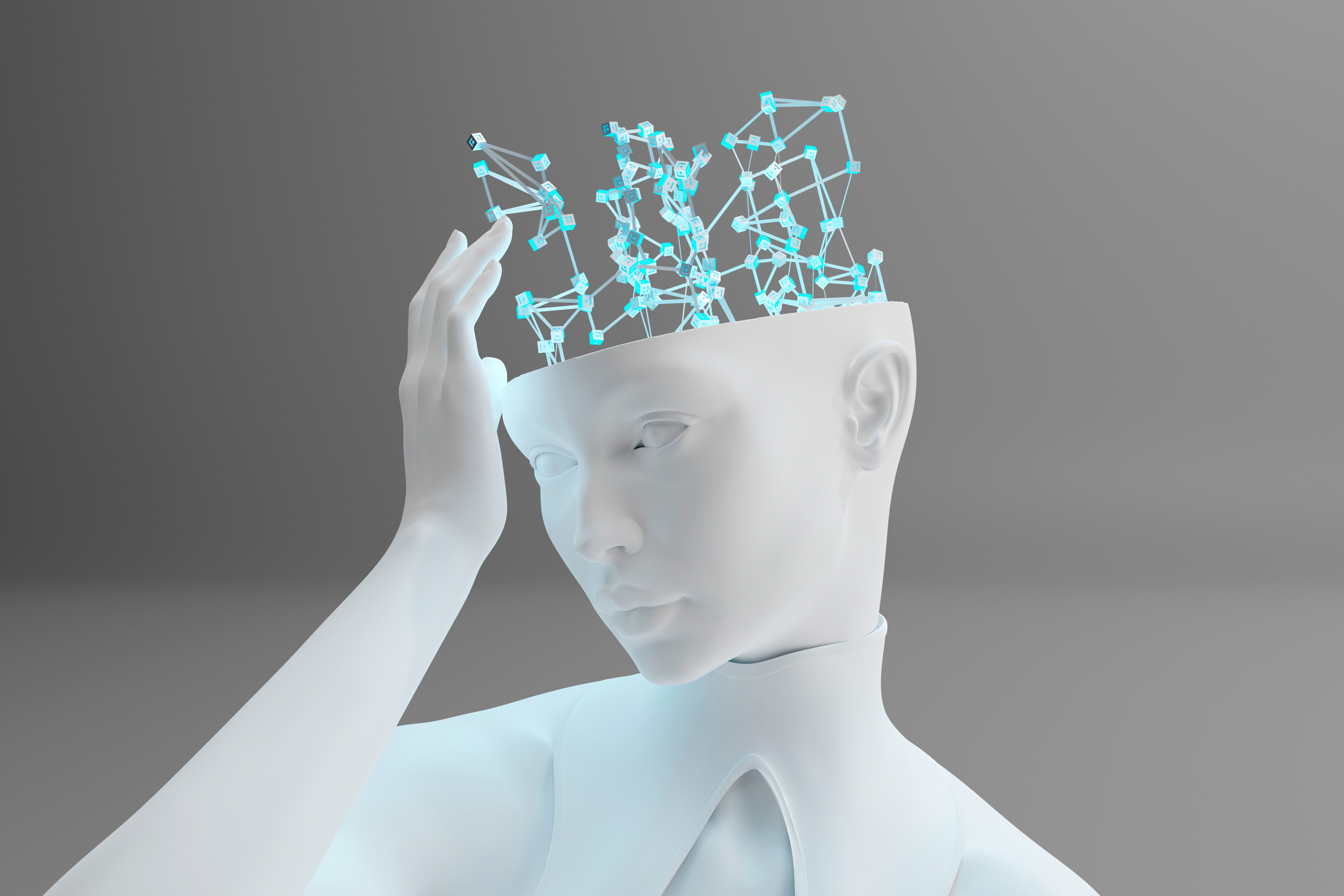 THREE DIMENSIONAL RENDER OF GYNOID TOUCHING DIGITAL BRAIN REPRESENTING MACHINE LEARNING AND ARTIFICIAL INTELLIGENCE