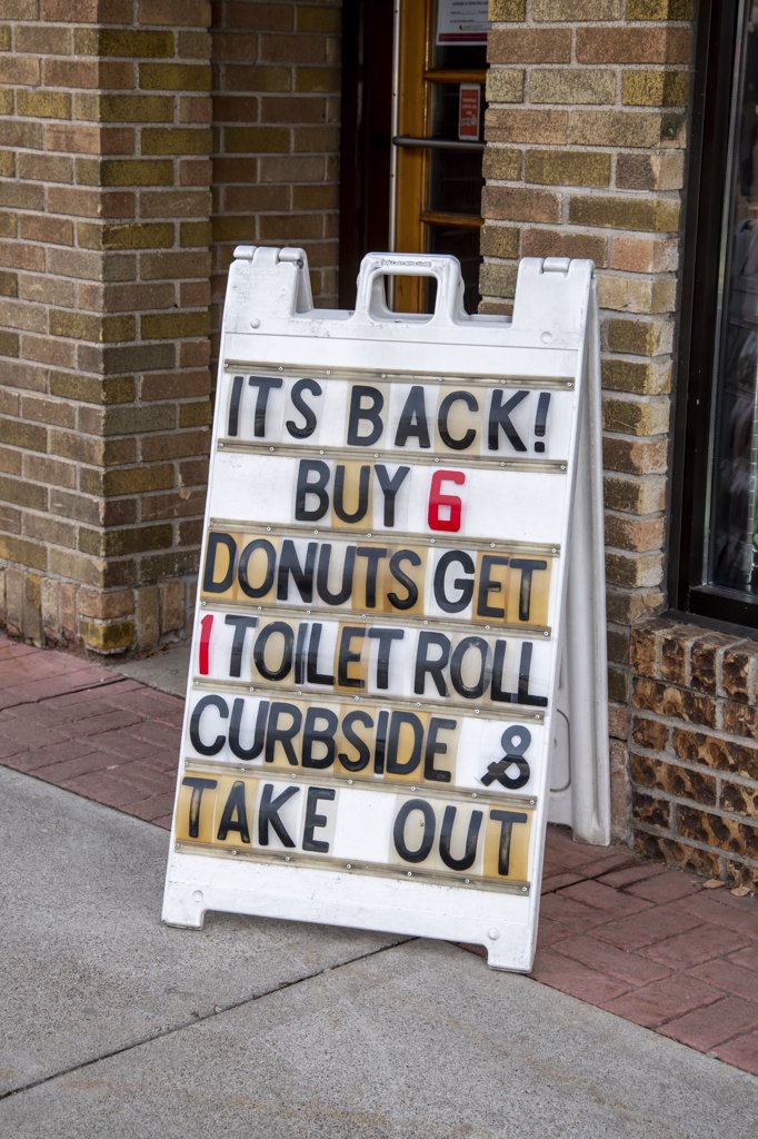 A BAKERY OFFERS A ROLL OF TOILET PAPER IF YOU BUY SIX DONUTS BECAUSE OF THE EMPTY SHELVES IN THE STORES DUE TO THE CORONAVIRUS PANDEMIC
