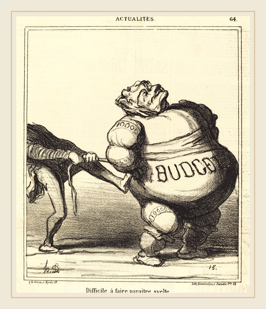 HONORÉ DAUMIER (FRENCH, 1808-1879), DIFFICILE À FAIRE PARAITRE SVELTE, 1869, LITHOGRAPH ON NEWSPRINT