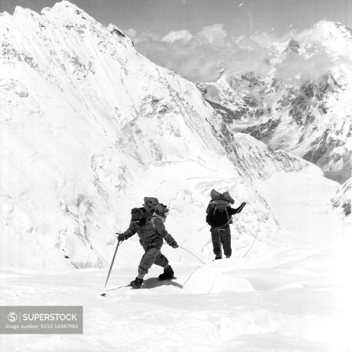 British Everest 1953 Expedition --  Bourdillon and Evans on the approach to the South Col, during their attempt to climb to the summit of Everest of May 26