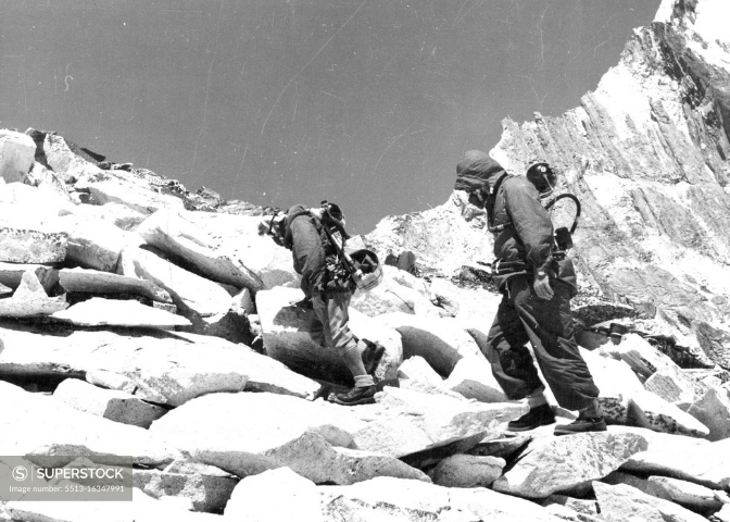 British Everest 1953 Expedition. R.C. Evans wearing closed circuit oxygen equipment and T.D. Bourdillon wearing open circuit apparatus, climbing the South West Ridge of Amadablam 