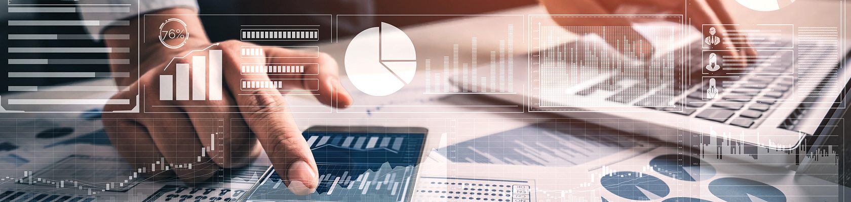 data analytics concept image with charts over-layed image of hand on computer and phone