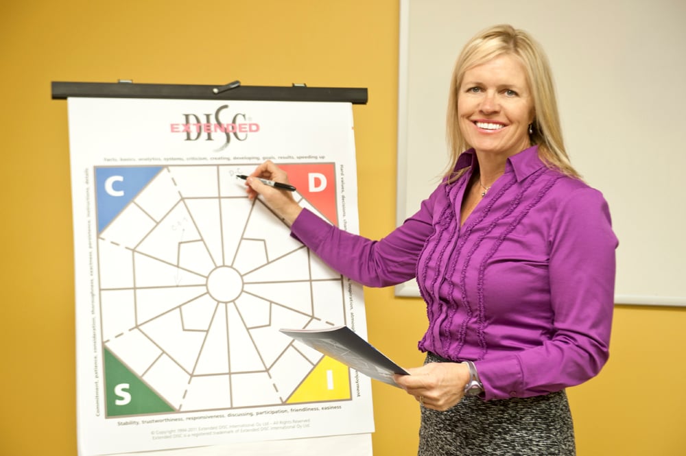 Extended DISC Facilitator Trainer in front of  DISC Diamond Chartpad