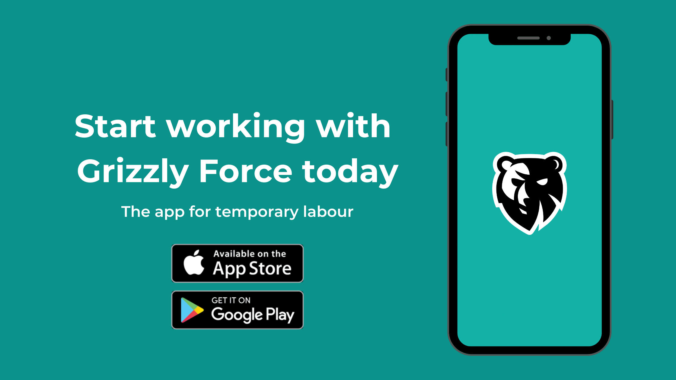 Cell phone showing the Grizzly Force logo as well as the app buttons to download the work app