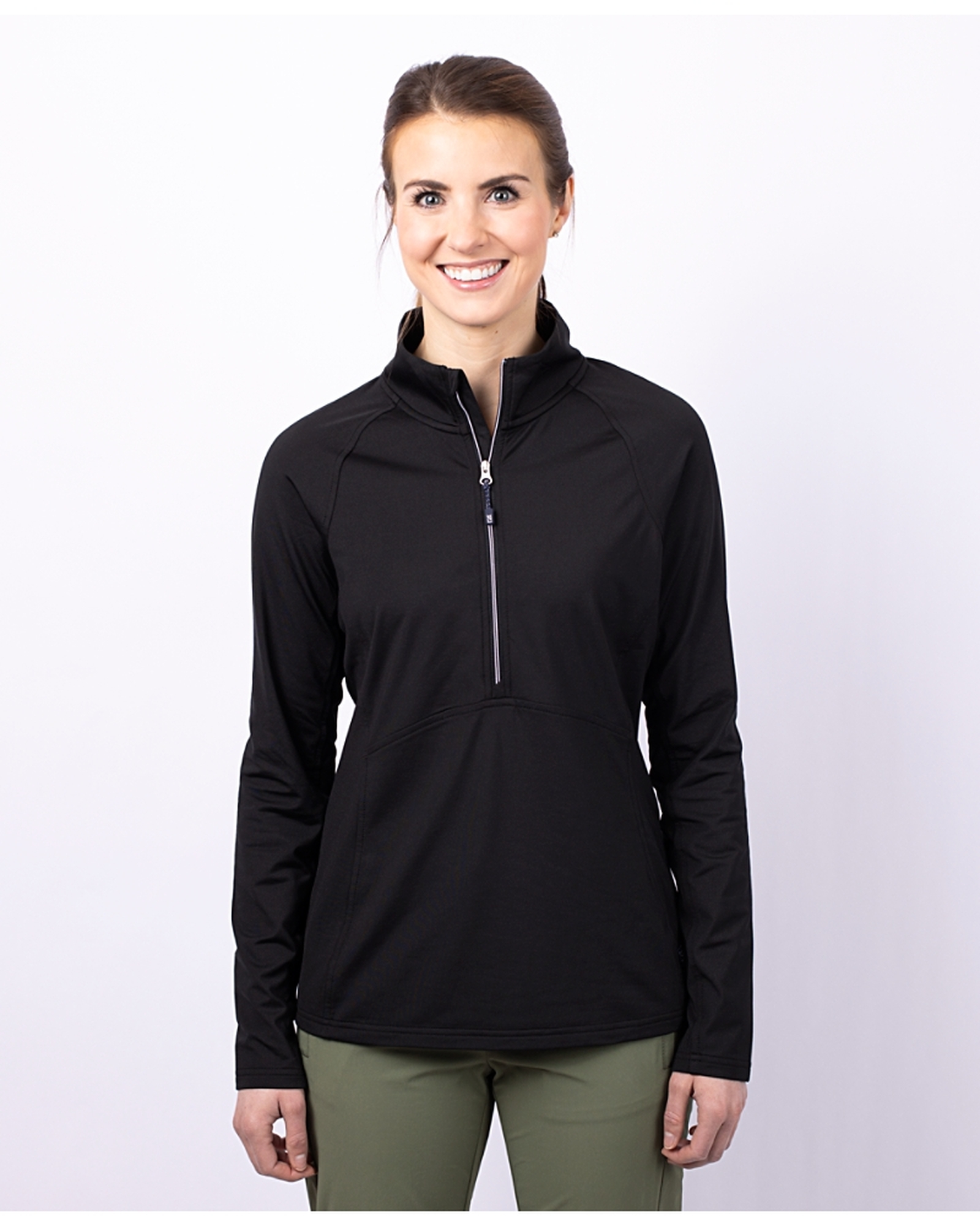 Woman wearing Cutter and Buck Eco Friendly Half Zip Pullover