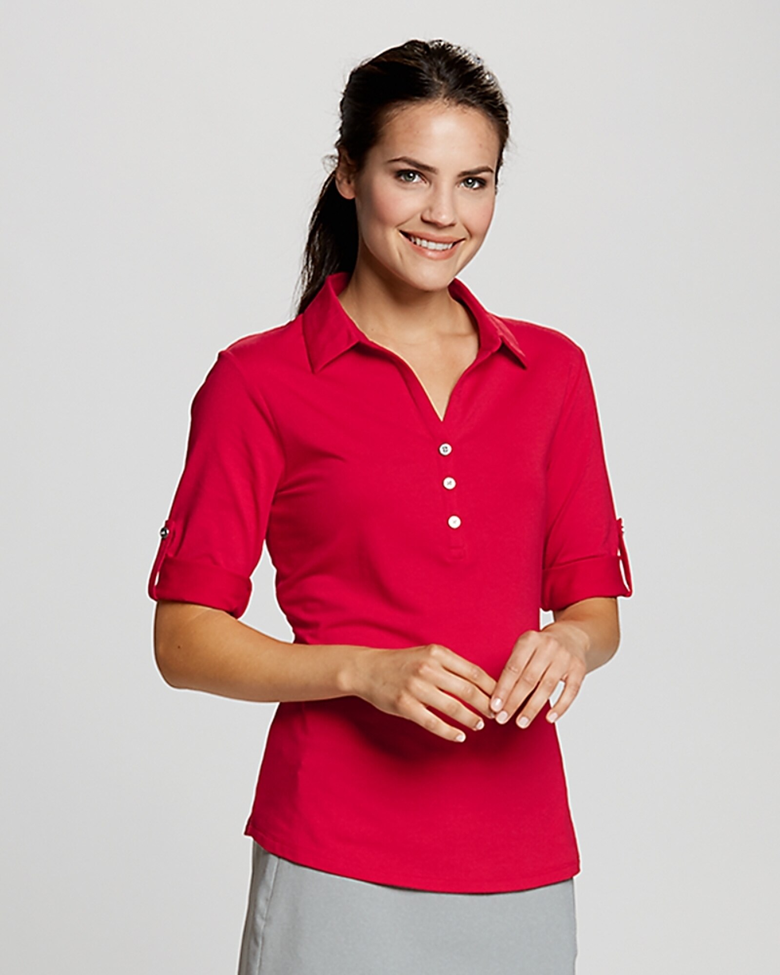 Woman wearing red Cutter & Buck Elbow Sleeve Thrive Polo