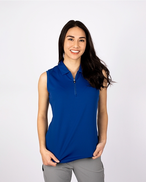 Woman wearing Cutter & Buck Forge Stretch Womens Sleeveless Polo in Tour Blue