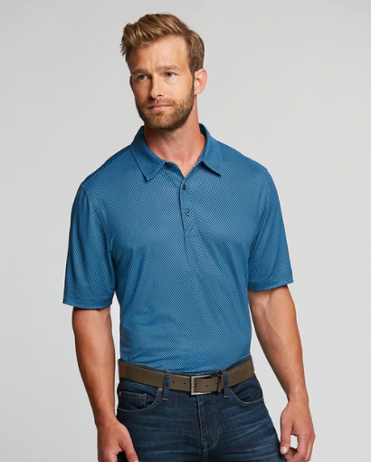 Man wearing Cutter and Buck Men's Pike Mini Pennant Print Polo