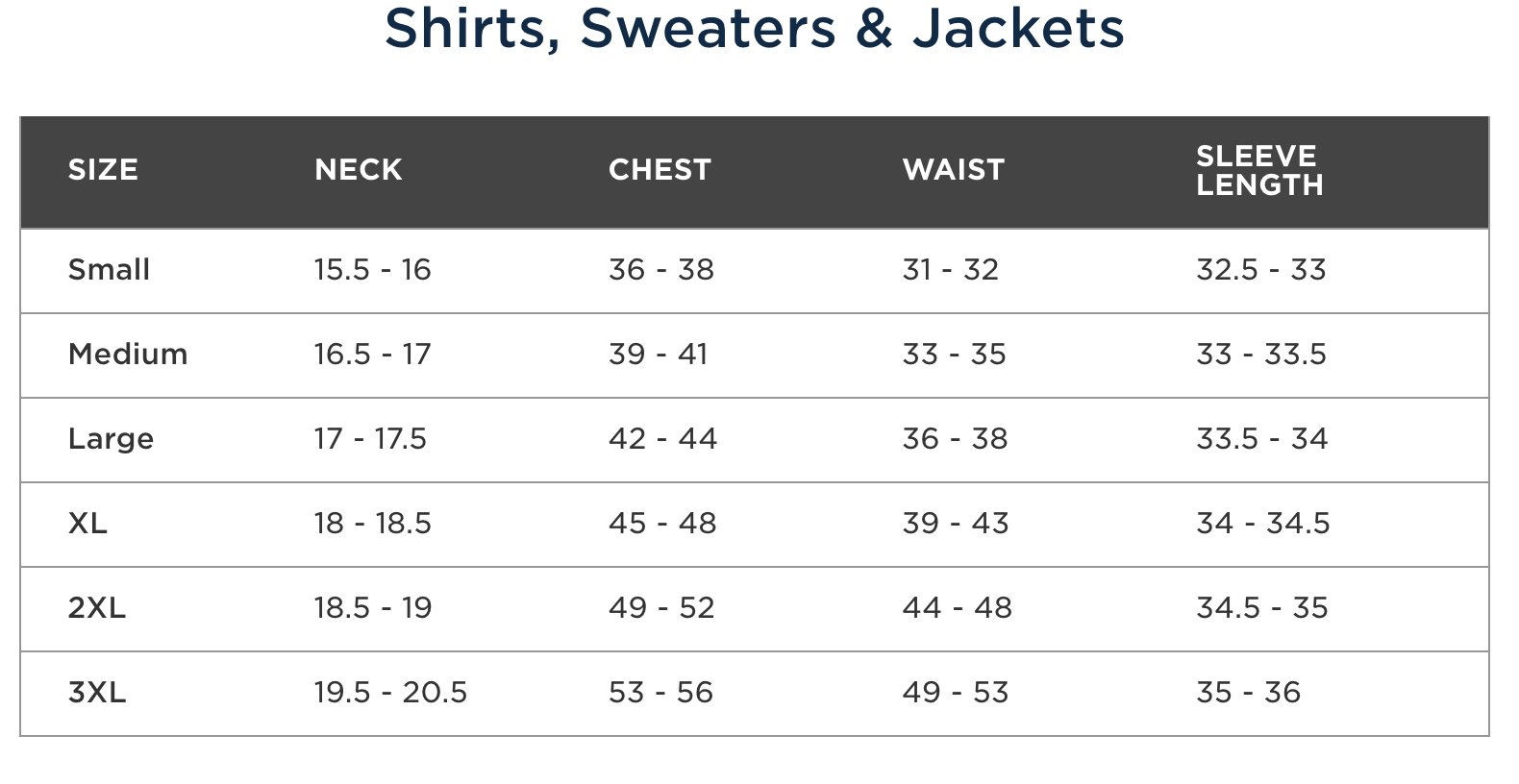 Men's Shirt, Sweaters, Jackets Sizing Chart