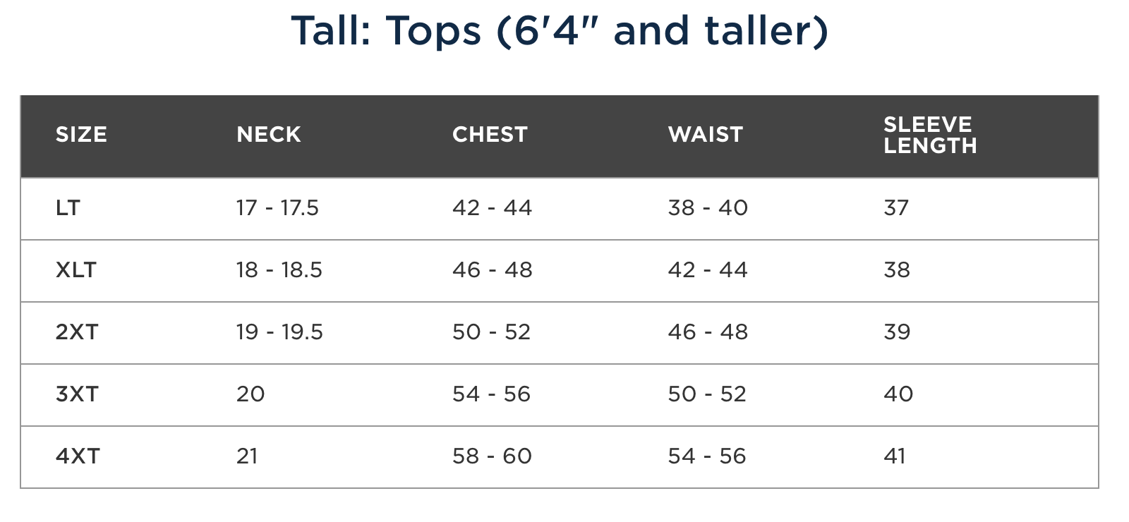 Tall Tops Sizing Chart