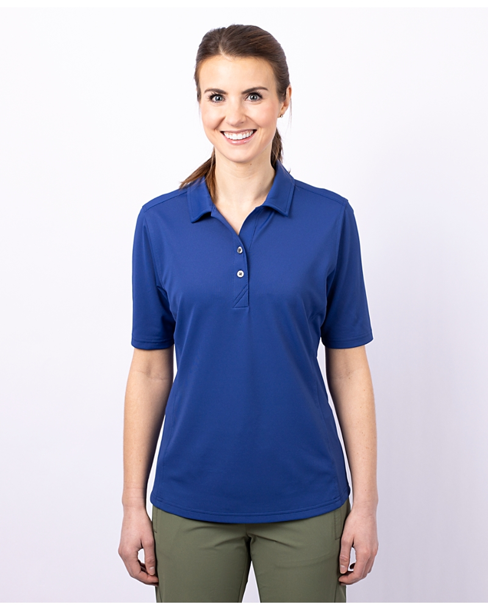 Woman wearing Women's Virtue Eco Pique Polo in blue