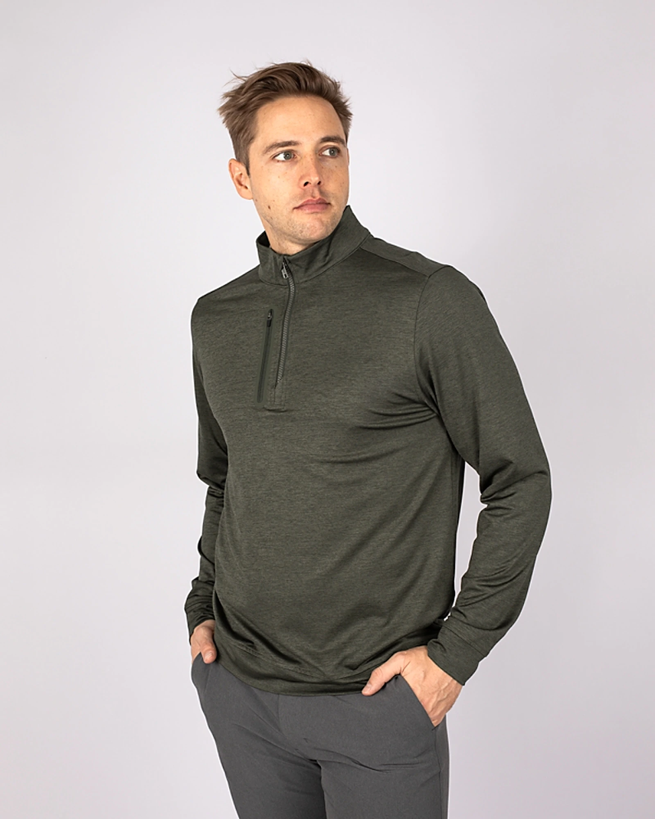 Man wearing Cutter and Buck Men's Stealth Half Zip