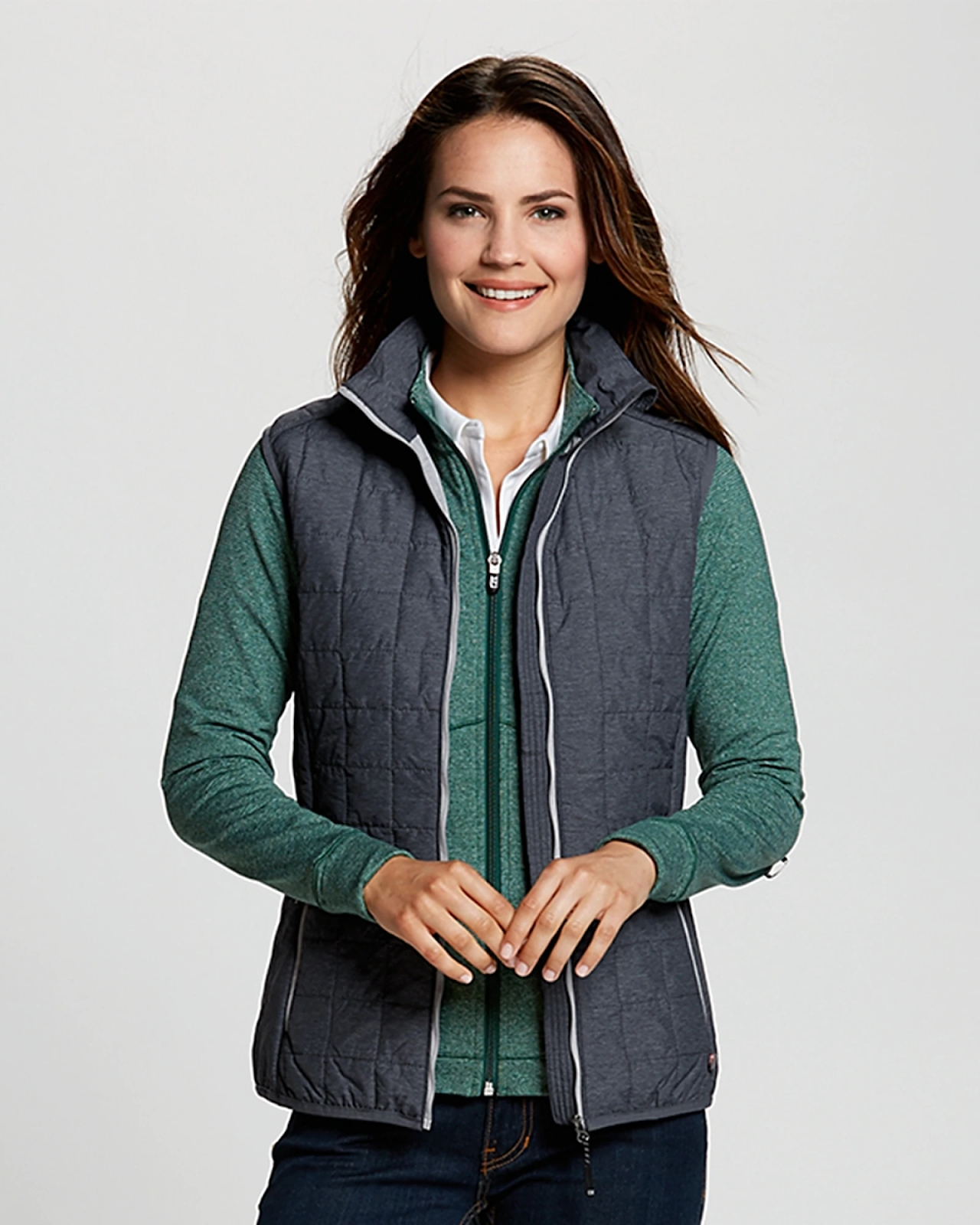 Woman wearing Cutter and Buck Ladies Rainier Vest