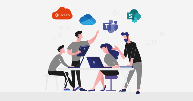 Illustration d'une équipe de travail collaborant sur les outils Microsoft 365 avec les logos de OneDrive, Teams et SharePoint