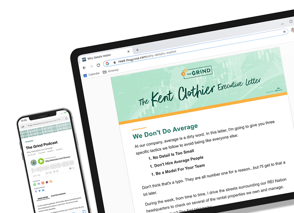 the Grind podcast and letter mockups on phone and tablet