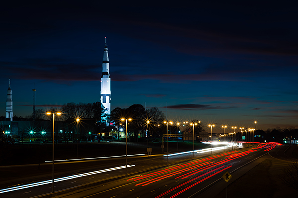 huntsville alabama space rocket center at night