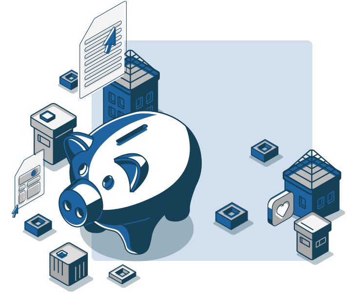 turnkey real estate investment buildings houses with piggy bank in center