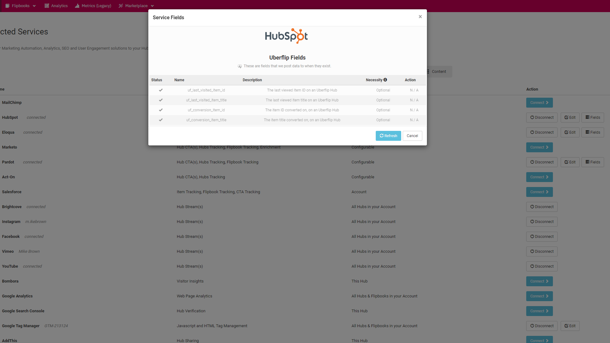 Screenshot of the fields within HubSpot that Uberflip creates