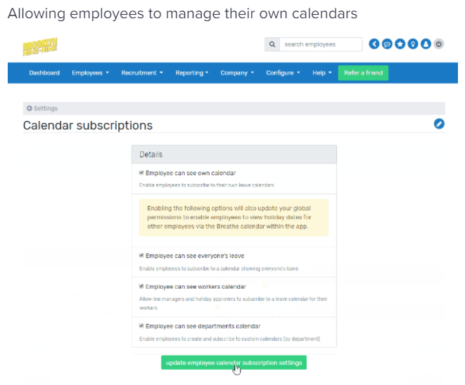 Calendar sync - employee manage calendar subscriptions