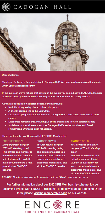 How To Improve Loyalty And Power Sales With Email Automation 2 Email From Cadogan Hall, Promoting Bronze, Silver And Gold Membership Levels And Their Benefits