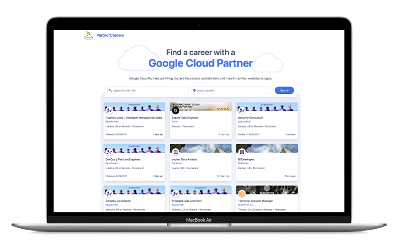 Laptop screen displaying Partnercareers.com - a job portal that lists Google Cloud-related opportunities
