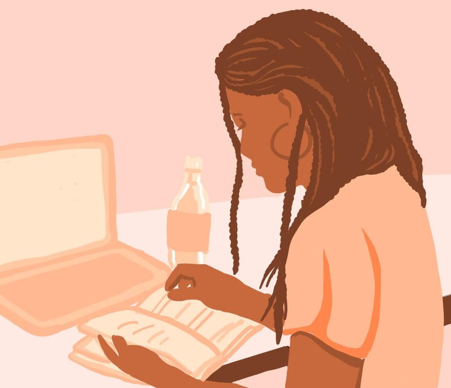 Black woman at desk. Illustration.