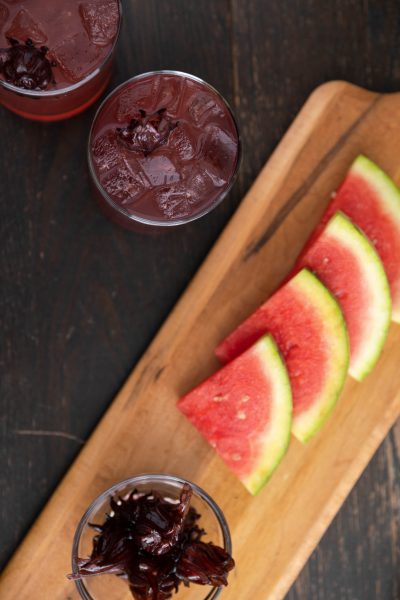 Overhead shot of watermelon and cocktails