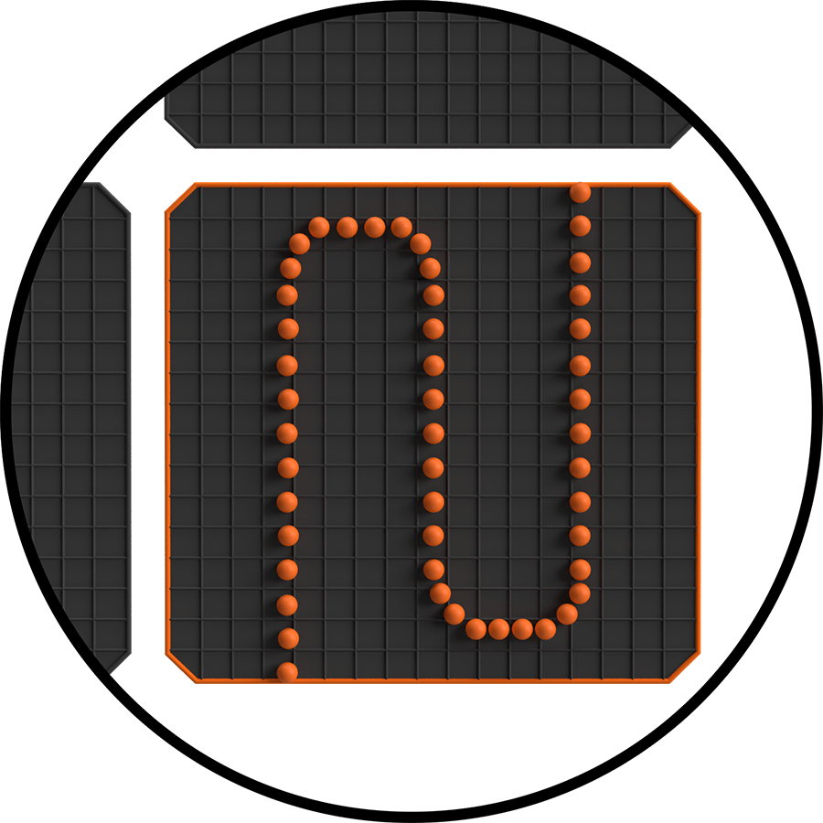 close up of solar panel with orange electrons in a line and around the corner