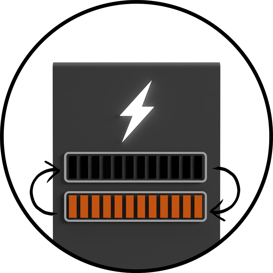 solar battery with lighting bolt and one black bar on top of an orange bar with arrows