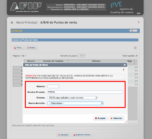 Captura de pantalla del formulario de alta de punto de venta.