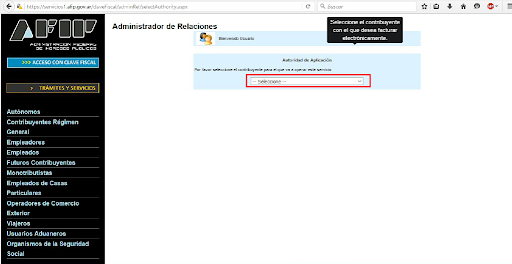 Captura de pantalla para seleccionar el contribuyente.
