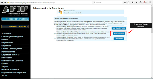Captura de pantalla mostrando la opción 'Nueva Relación'.